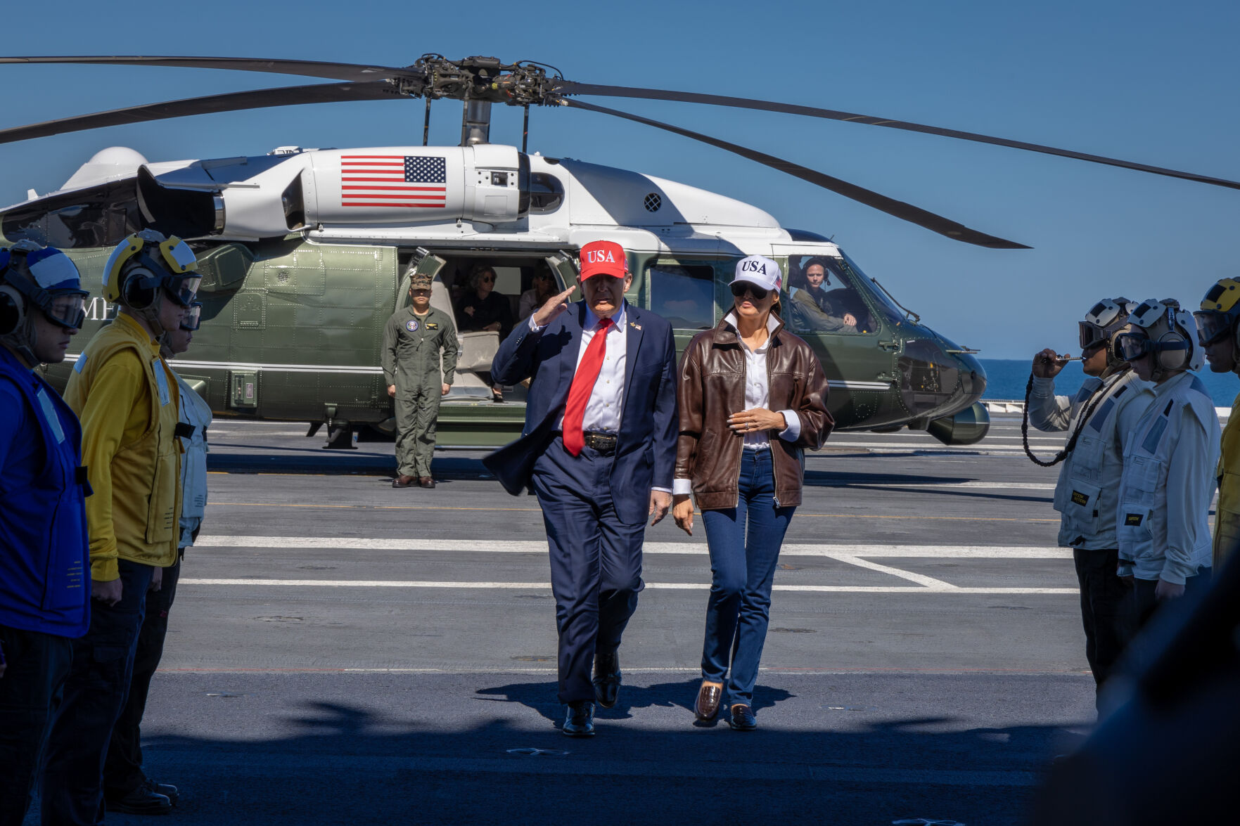 Potus Trump and First Lady Melania on USS GHW Bush for Navy's 250th 10-5-2025